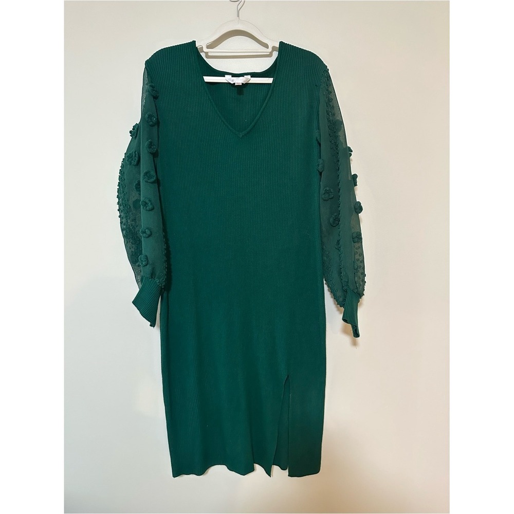 Whimsigoth Holiday No Boundaries Midi Dress XL Green Pom Pom Sheer Sleeve Ribbed